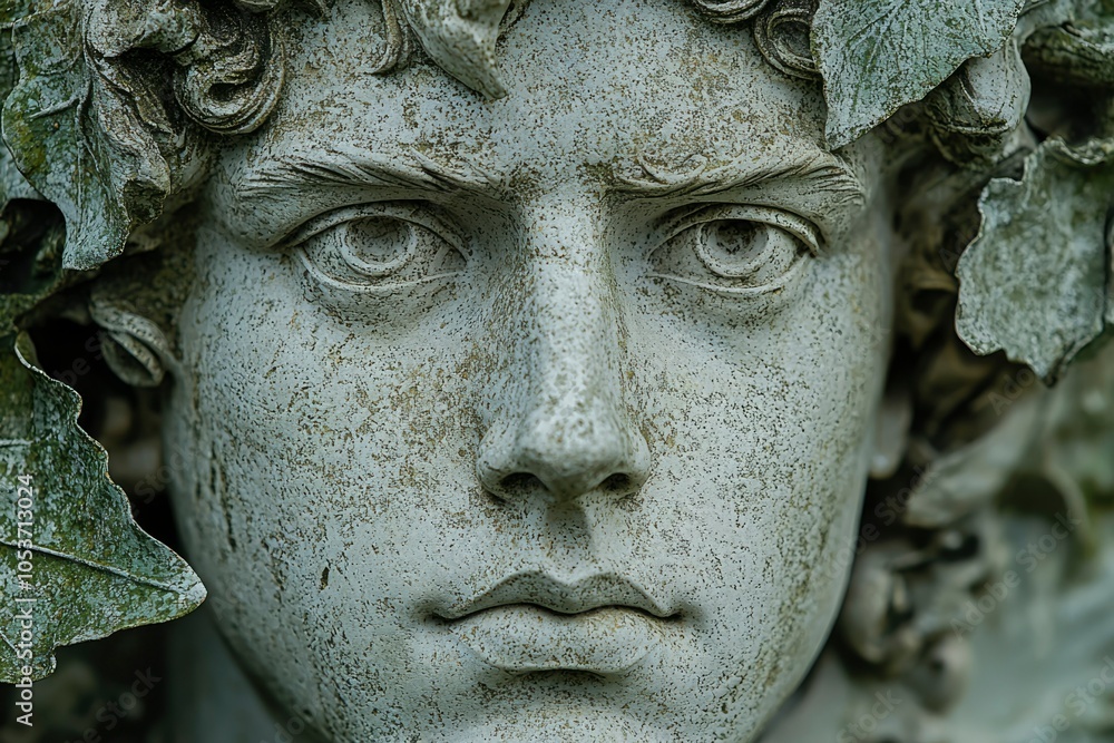 Fototapeta premium Weathered Stone Statue of a Man's Face with Leaves