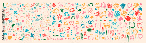 Big set of colorful hand painted various shapes, curls, forms, brush strokes and doodle objects. Childish simple hand drawn style. Cute characters. 