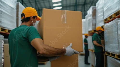 Image of volunteers unloading boxes of donated goods and supplies at a relief center or humanitarian aid facility photo