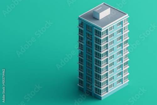 A tall building with blue walls and gray windows on an green background, rendered in an isometric style 