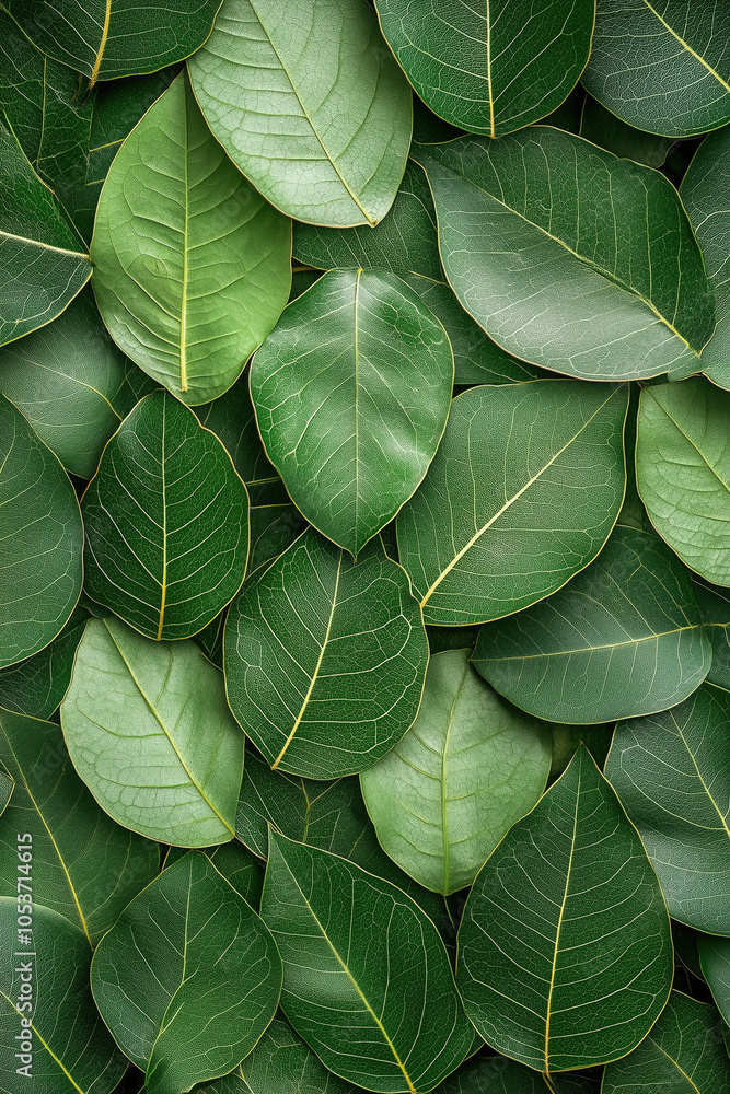 Obraz premium Close-up view of layered green leaves showcasing intricate vein patterns and rich textures, arranged against a uniform background, highlighting natural beauty