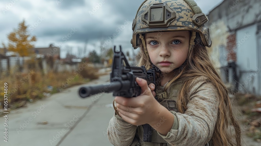 Fototapeta premium A girl aiming with a toy gun.