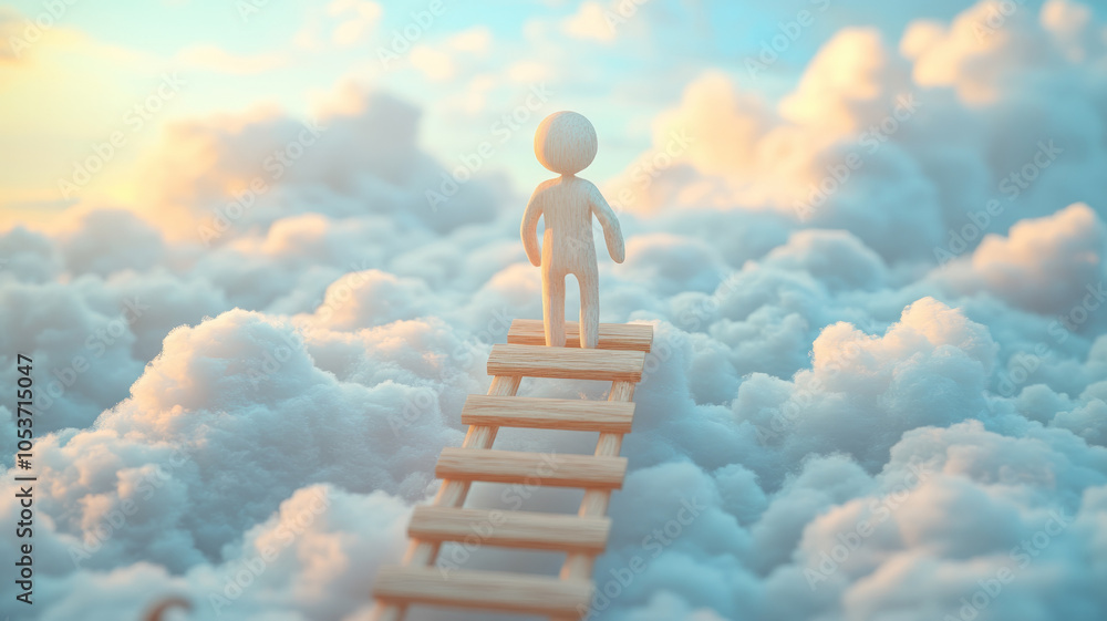 Person climbing ladder through clouds Person climbing ladder through clouds
