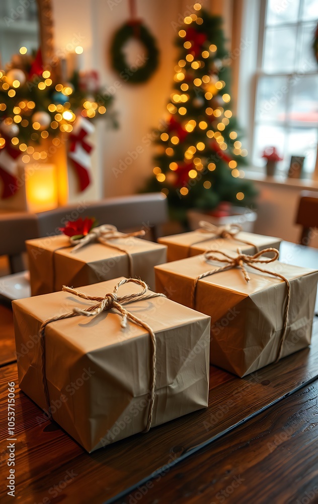 Recycled-paper gift-wrapped boxes with twine bows on wooden table in festive warmly lit room with holiday decor created with generative AI Recycled-paper gift-wrapped boxes with twine bows on wooden table in festive warmly lit room with holiday decor created with generative AI