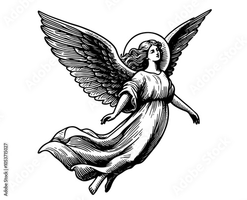 angel in graceful flight with halo vector sketch