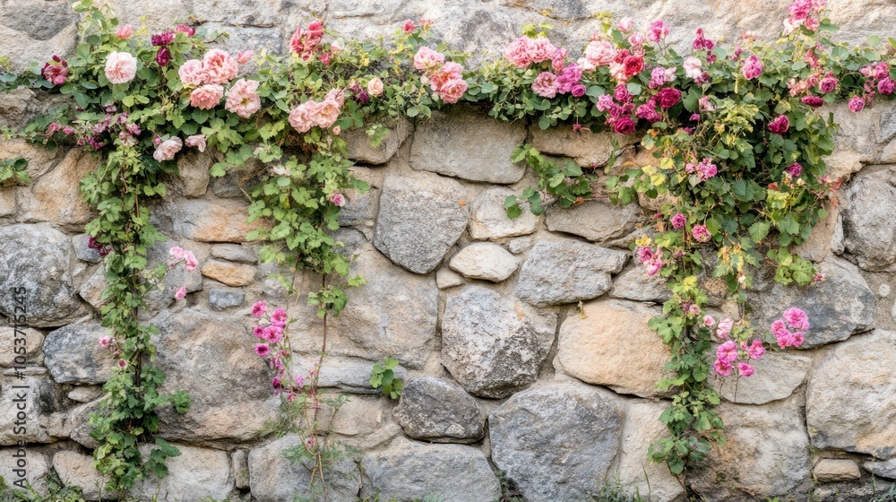 Naklejka premium Stone Wall with Pink Roses