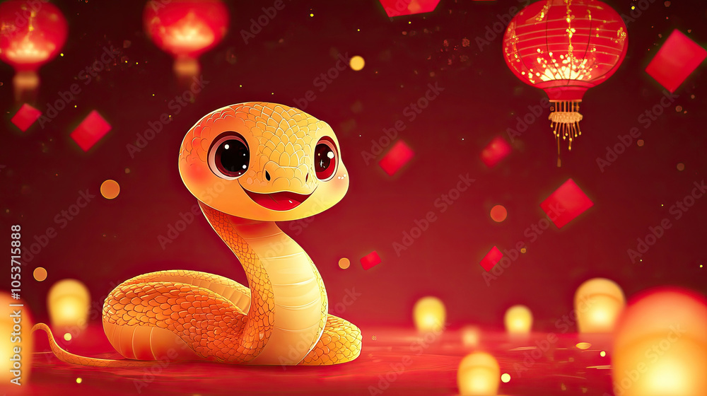 Chinese new year 2025. A snake with a traditional red Oriental lantern Chinese new year 2025. A snake with a traditional red Oriental lantern