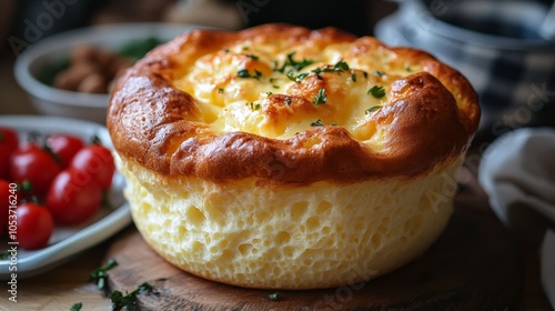 Delicious cheese soufflé freshly baked.