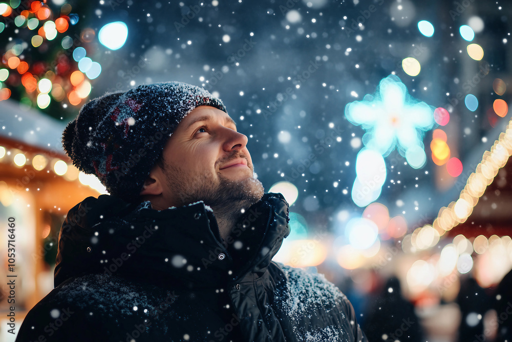 Generative AI image of joyful winter Christmas fair with snow falling festive lights, perfect for holiday and celebration themes Generative AI image of joyful winter Christmas fair with snow falling festive lights, perfect for holiday and celebration themes