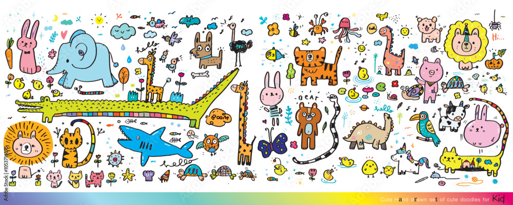 Obraz premium Collection of hand drawn cute doodles,Doodle children drawing,Sketch set of drawings in child style,Funny Doodle Hand Drawn,Page for coloring, cute animal hand drawn, cute Doodle