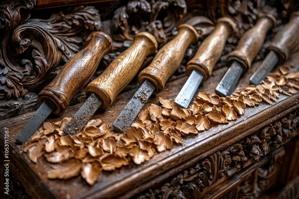 Wooden Chisels and Wood Shavings on a Carved Wooden Surface Wooden Chisels and Wood Shavings on a Carved Wooden Surface