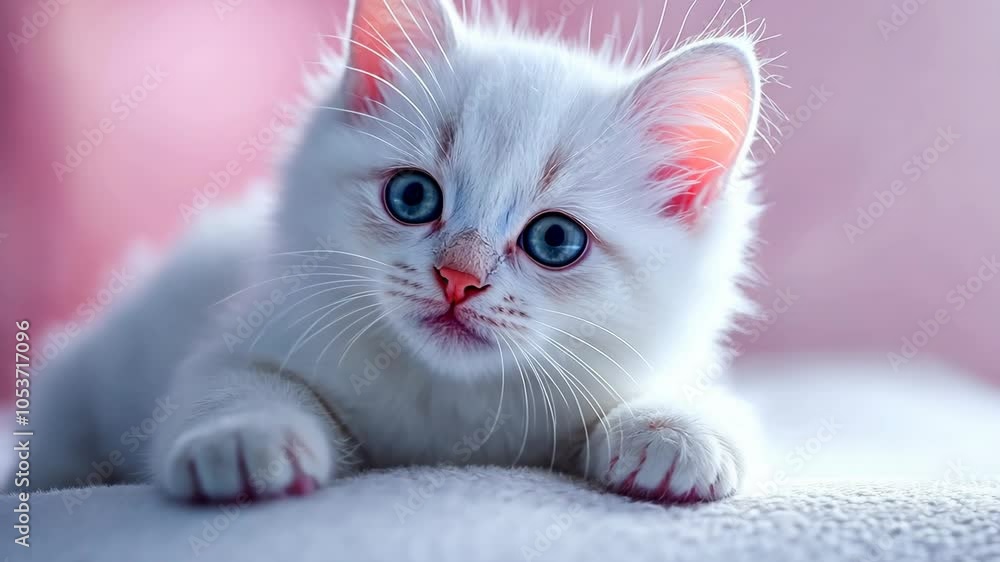 A white kitten with blue eyes looks directly at the camera while lying on a soft, white surface A white kitten with blue eyes looks directly at the camera while lying on a soft, white surface