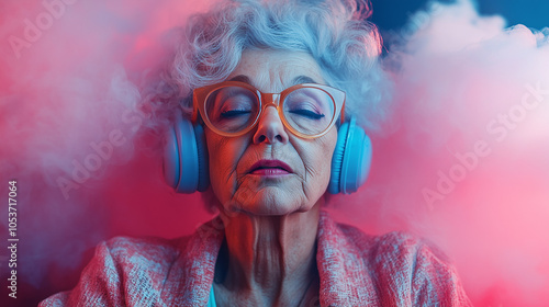 Elderly Woman Listening To Music In Smoky Pink Background With Blue Headphones