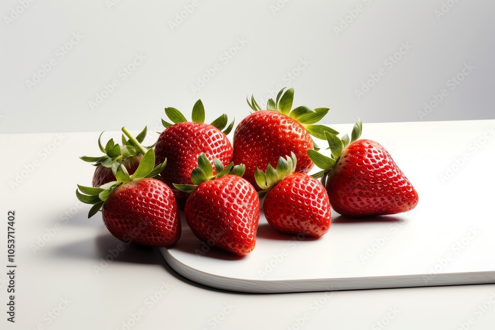 A cluster of seven fresh, ripe strawberries on a white surface. A cluster of seven fresh, ripe strawberries on a white surface.