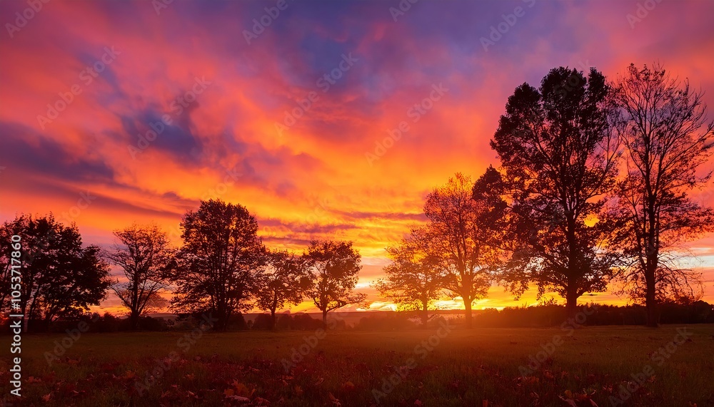 Breathtaking sunset illuminating autumn trees in a scenic landscape Breathtaking sunset illuminating autumn trees in a scenic landscape