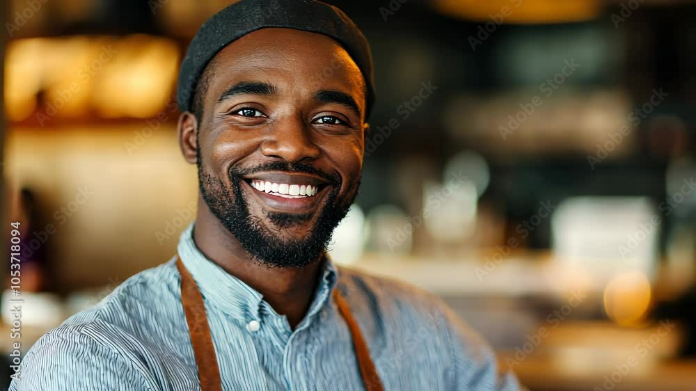 A man with a beard smiles broadly while wearing a blue shirt and a brown apron in a restaurant setting A man with a beard smiles broadly while wearing a blue shirt and a brown apron in a restaurant setting