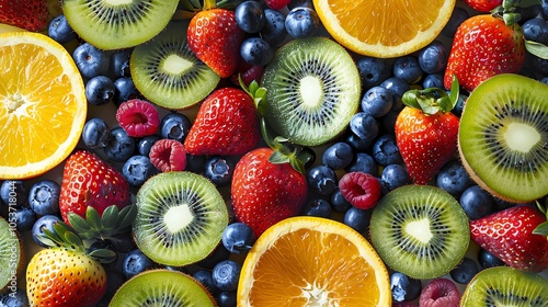 A colorful flat lay of fresh fruit, including strawberries, kiwi, blueberries, raspberries, and oranges.