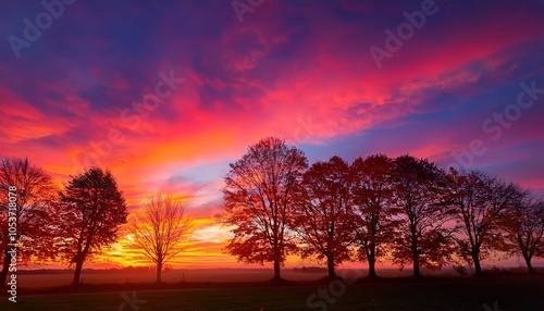 Breathtaking sunset illuminating autumn trees in vibrant colors