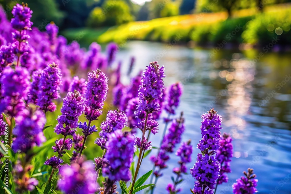 Obraz premium Purple flowers blooming by the riverside in extreme close-up