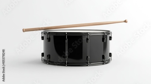 A digital 3D render of a black drum with polished wooden drumsticks, isolated against a white background for a clean and modern feel photo