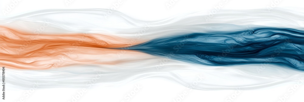 A blue, orange, and white abstract painting depicts a flowing liquid stream against a pristine white backdrop, framed by a white border A blue, orange, and white abstract painting depicts a flowing liquid stream against a pristine white backdrop, framed by a white border