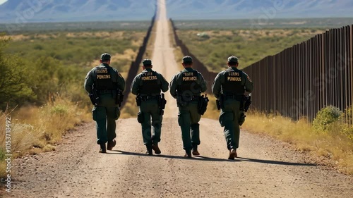 Four border patrol agents walk down a dirt road near a large fence