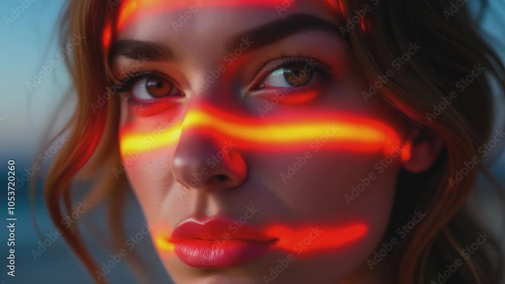 Close-up of a woman's face with vibrant red and orange light streaks illuminating her skin. The soft lighting creates a surreal, artistic atmosphere, highlighting her eyes and lips. Close-up of a woman's face with vibrant red and orange light streaks illuminating her skin. The soft lighting creates a surreal, artistic atmosphere, highlighting her eyes and lips.