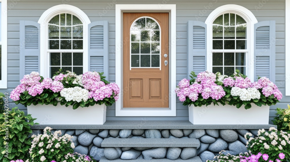 Charming stone wall features elegant arched windows and vibrant flower boxes beside a welcoming wooden door Charming stone wall features elegant arched windows and vibrant flower boxes beside a welcoming wooden door