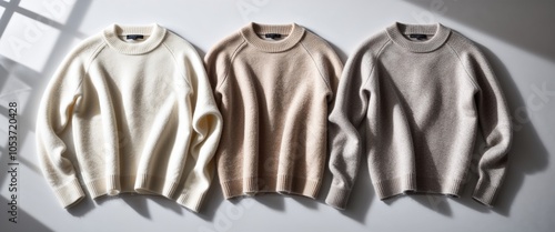 Three cozy knitted sweaters folded in soft cream, tan, and gray.