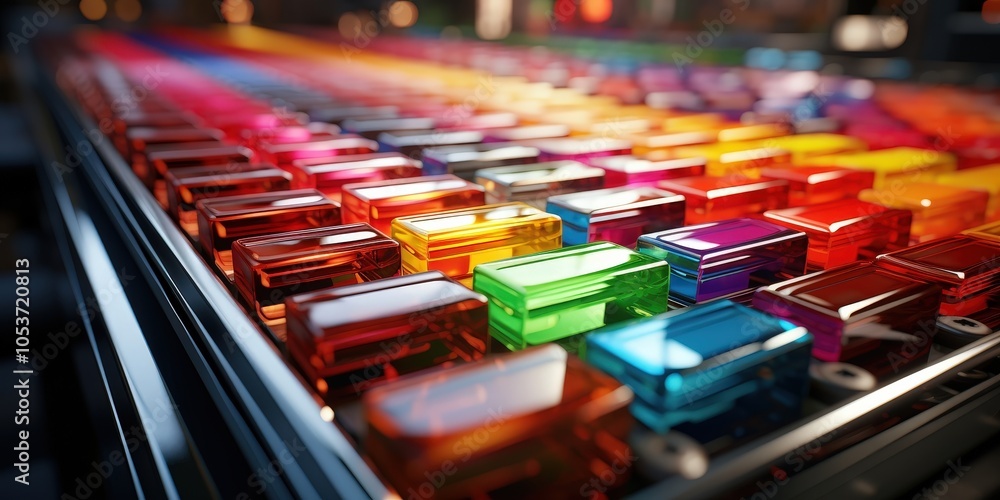 Fototapeta premium A symphony of color emerges from an assembly line of shiny rectangular prisms, each showcasing a vibrant hue in a harmonious arrangement.