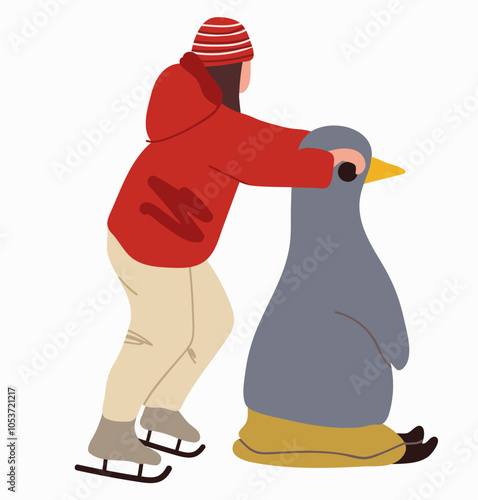 Girl learning to skate, penguin on skates for teaching kids and toddlers. Ice skating with help on the rink for kids. Amateur sport.. Vector illustration. Back view.