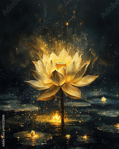 Golden lotus flower in tranquil waters, illuminated.