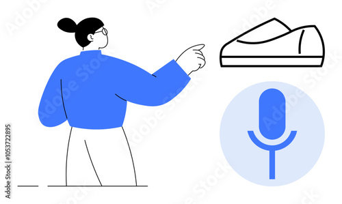 Person in blue top pointing at shoe illustration alongside a microphone icon. Ideal for voice command, technology integration, shopping apps, virtual assistant, user interaction, futuristic retail