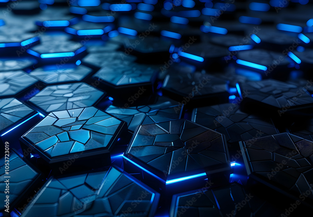 Obraz premium Abstract background with blue glowing hexagons on a dark gray wall, a futuristic design for a technology concept.