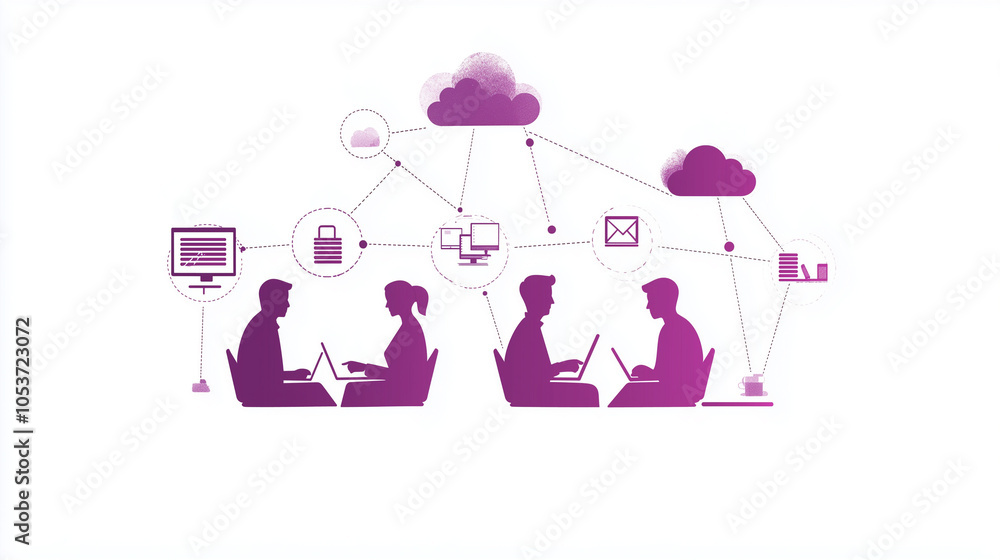 Illustration of professionals engaged in a connected digital space, showcasing teamwork, online data access, and seamless workflow integration. Perfect for visualizing modern tech and business. Illustration of professionals engaged in a connected digital space, showcasing teamwork, online data access, and seamless workflow integration. Perfect for visualizing modern tech and business.
