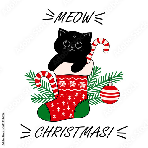 Cute kitten in Christmas stocking vector illustration, meow Christmas funny quote, greeting card, clip art.