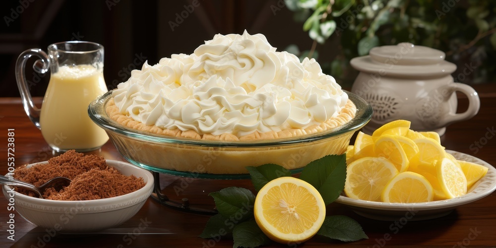 A classic lemon pie with a generous amount of whipped cream, accompanied by a pitcher of cream, a bowl of brown sugar, and sliced lemons, all arranged on a wooden table. A classic lemon pie with a generous amount of whipped cream, accompanied by a pitcher of cream, a bowl of brown sugar, and sliced lemons, all arranged on a wooden table.