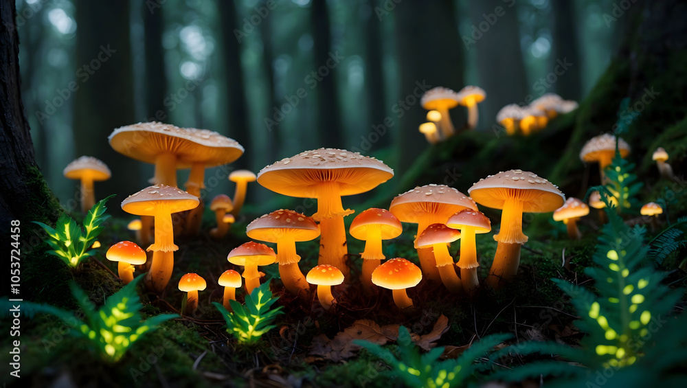 Fototapeta premium captivating forest scene featuring glowing mushrooms surrounded by lush greenery, creating magical and enchanting atmosphere. soft light enhances beauty of nature