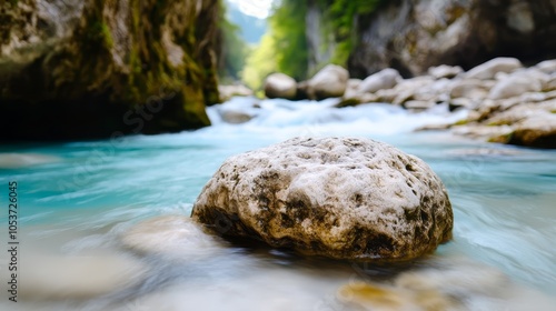  A large rock perches atop a river, adjacent to a lush green forest teeming with numerous tall boulders photo