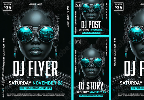 Cyan colored DJ Poster / flyer design with social media variation designs – ai generative background image