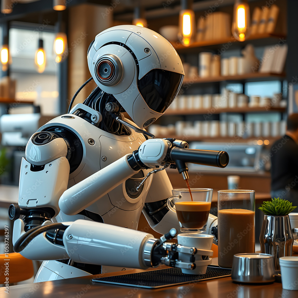 A robot is sitting at a bar and pouring a drink