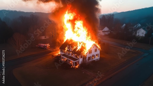 Aerial view of a residential house being consumed by a fierce fire with thick black smoke billowing into the sky as emergency responders arrive at the catastrophic scene to battle the blaze photo