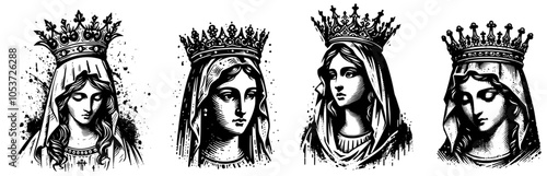 Virgin Mary Madonna portraits with royal crown vector sketch
