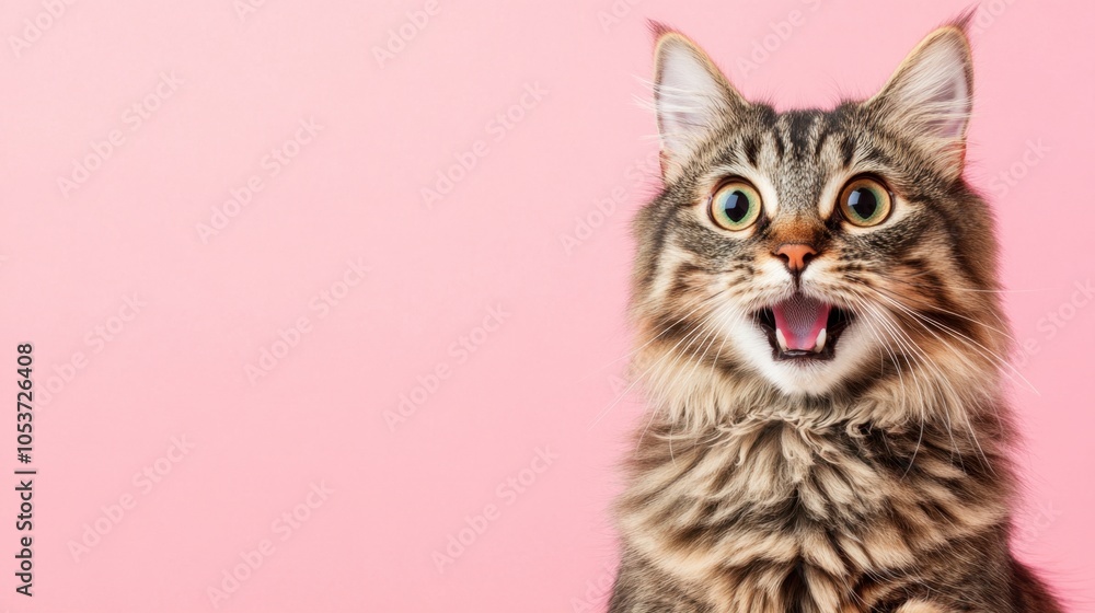 Obraz premium Cat looking shocked, paws up by face, pink background for contrast and copy space.