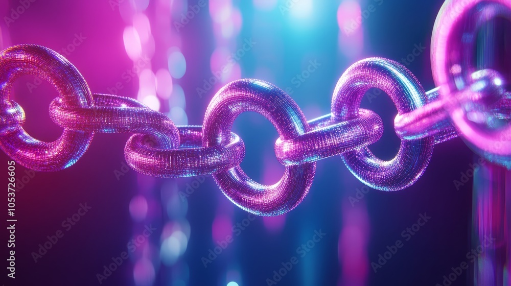 A tight shot of a metal chain bathed in pink and blue light against a black backdrop A tight shot of a metal chain bathed in pink and blue light against a black backdrop