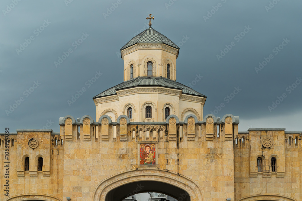Detail on the entrance gate of Sameba or Holy Trinity Cathedral in Tbilisi, Georgia. Detail on the entrance gate of Sameba or Holy Trinity Cathedral in Tbilisi, Georgia.