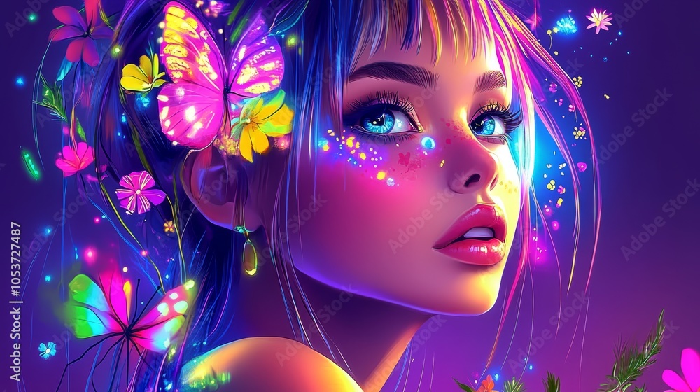 Fototapeta premium A digital painting of a woman adorned with butterflies in her hair, each tender strand held by a single butterfly