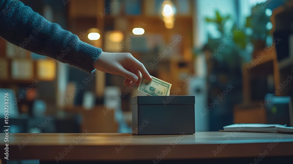 Hands Placing Money in Donation Box on Work Desk with Bank Interior Hands Placing Money in Donation Box on Work Desk with Bank Interior