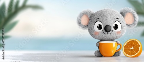  A koala, stuffed yet realistic, holds a steaming cup of coffee An orange slice rests on the rim In the backdrop, a lush green plant adds natural charm photo