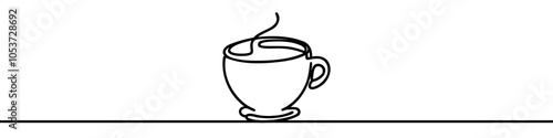 Minimalist continuous line drawing representing a cup of coffee on a saucer. Vector illustration.